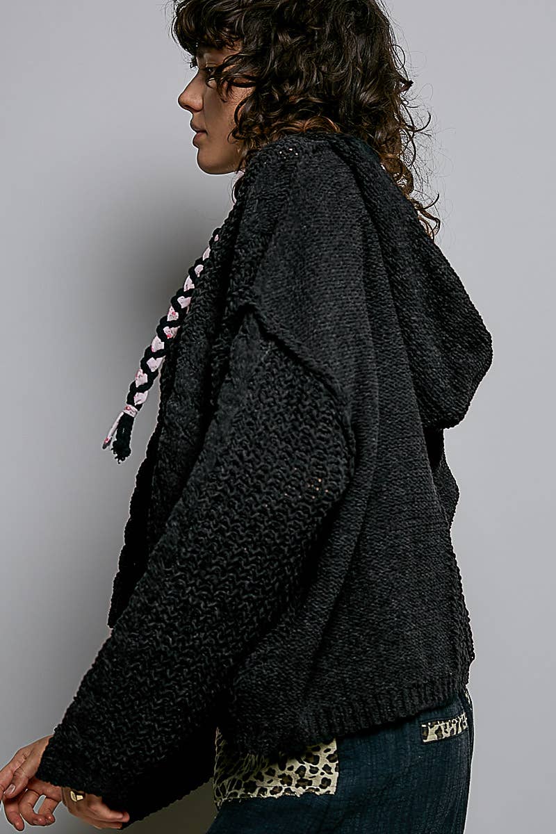 Oversize Fit V-neck Hooded Cable Knit Chenille Sweater SALE