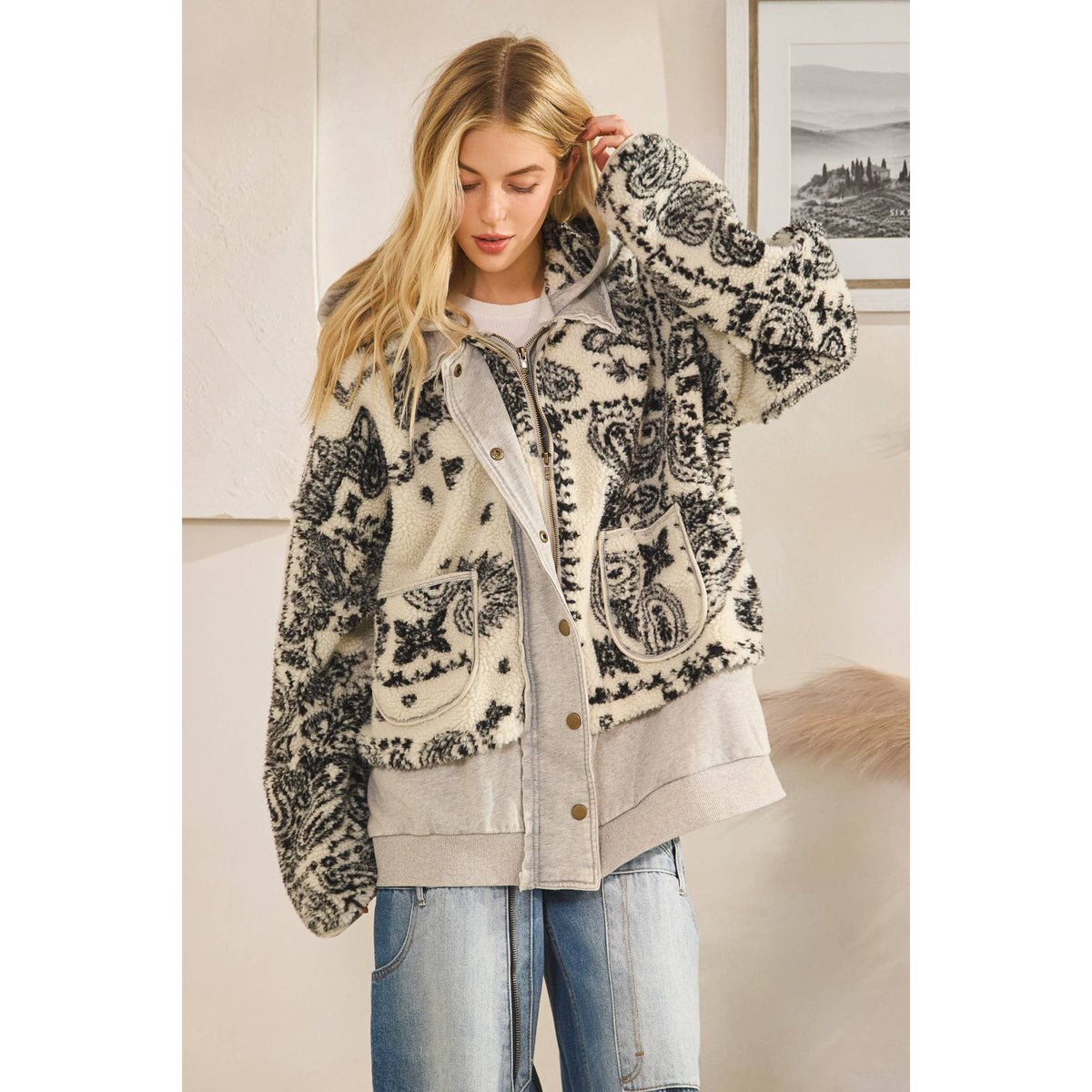 TERRY FLEECE MIX ZIP FRONT JACKET