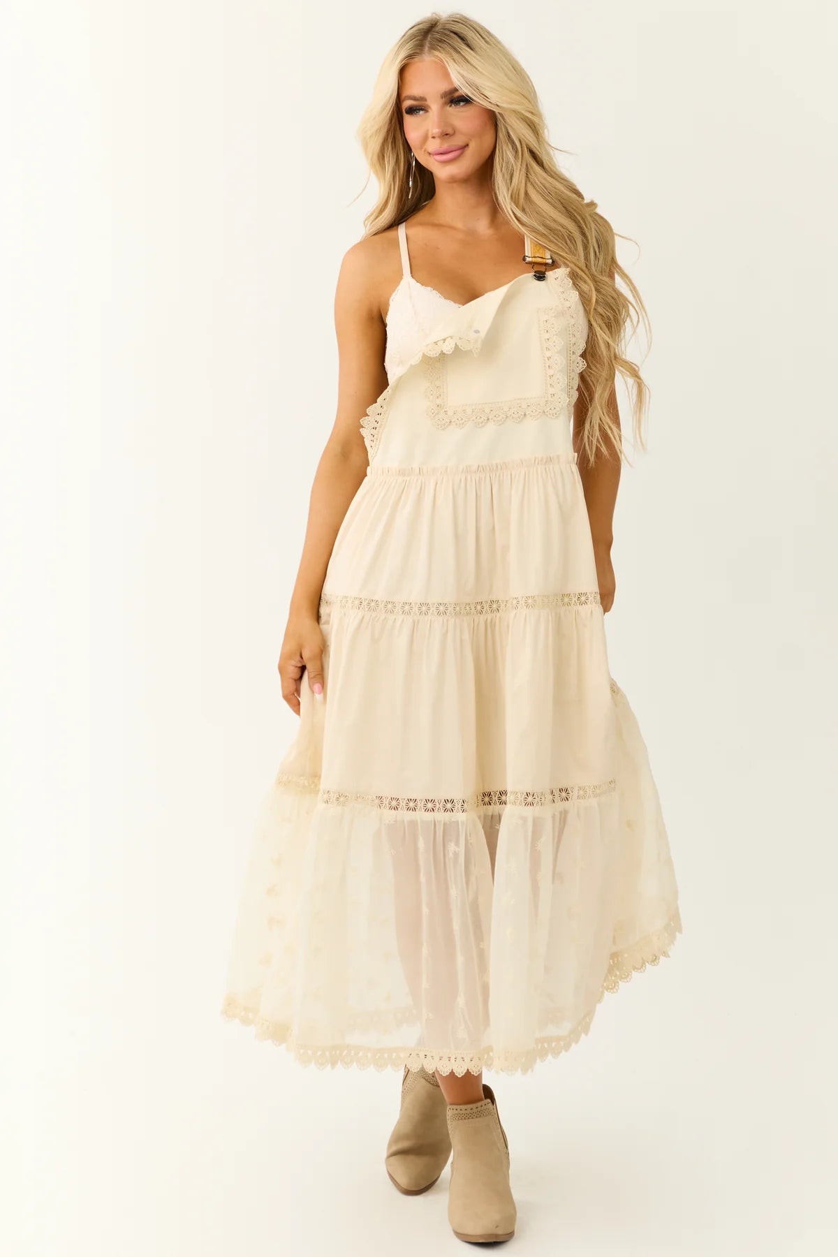 Laced and Tiered Romantic Overall Maxi Dress