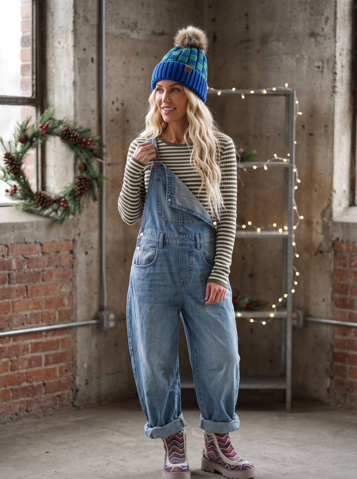 Checkered Pom Pom Beanie