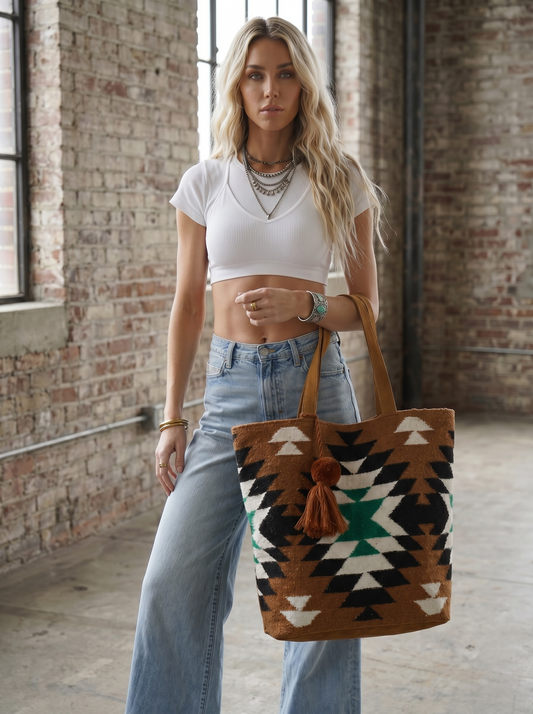 Brown, Black, Green & White Western Tote