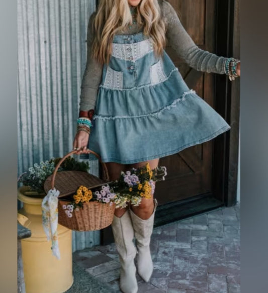 POL Crochet Patchwork Denim Dress