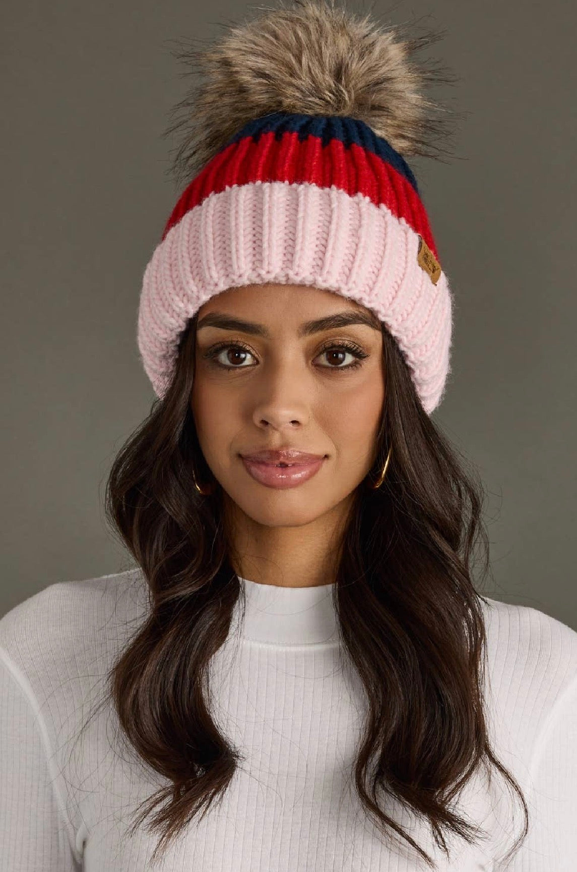 Color Block Pom Pom Beanie