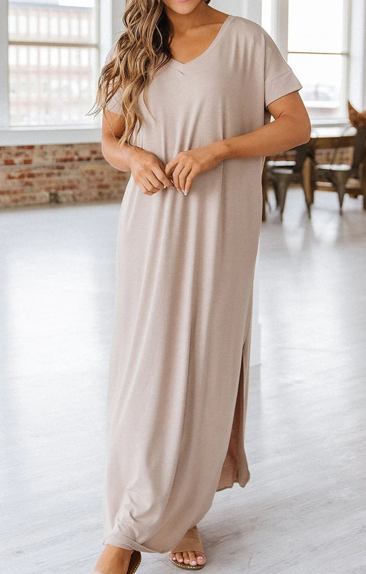 Viscose Fabric V-Neck Short Sleeve Maxi Dress