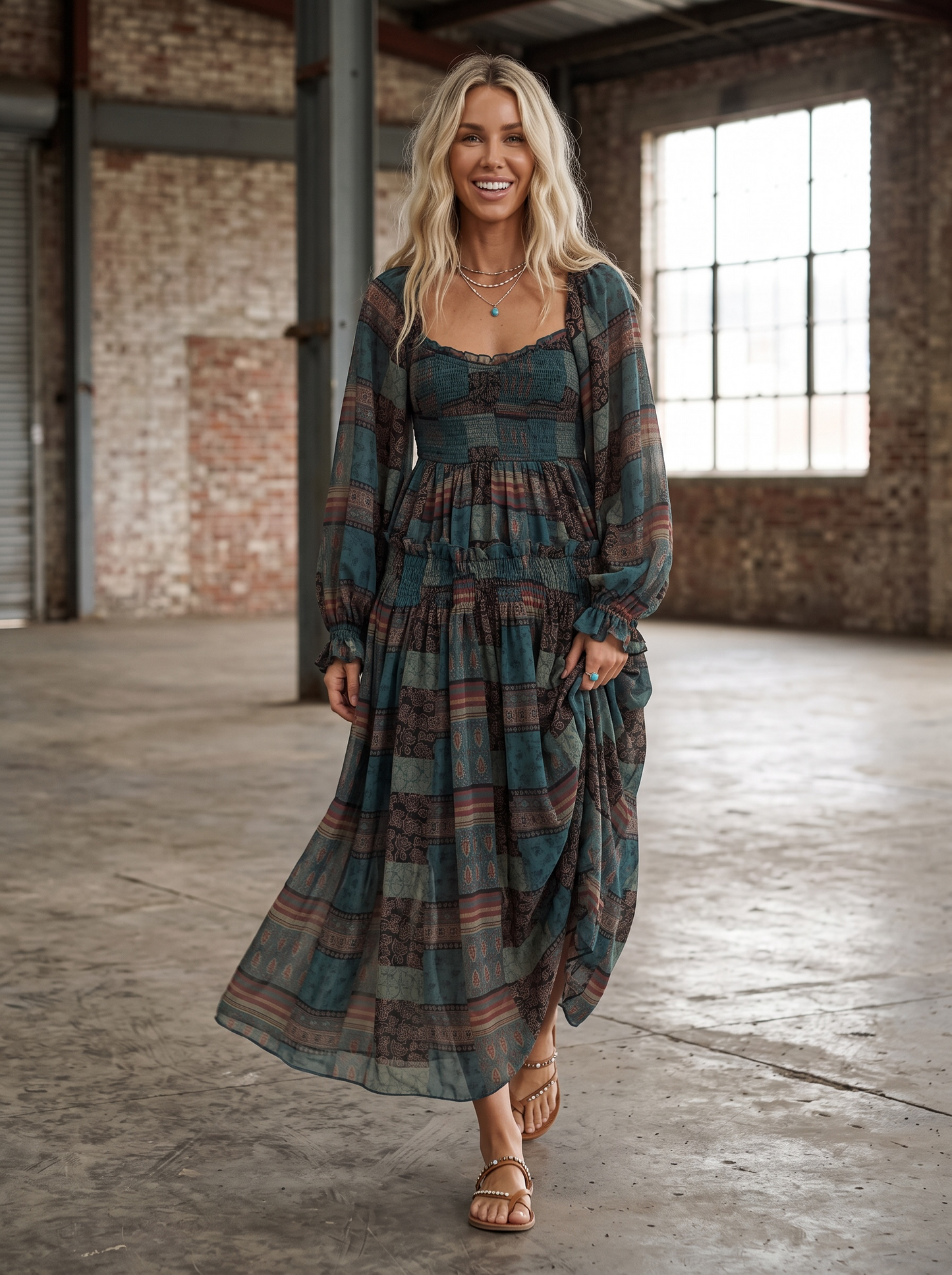 Promesa Patchwork-Print Smocked Maxi Dress