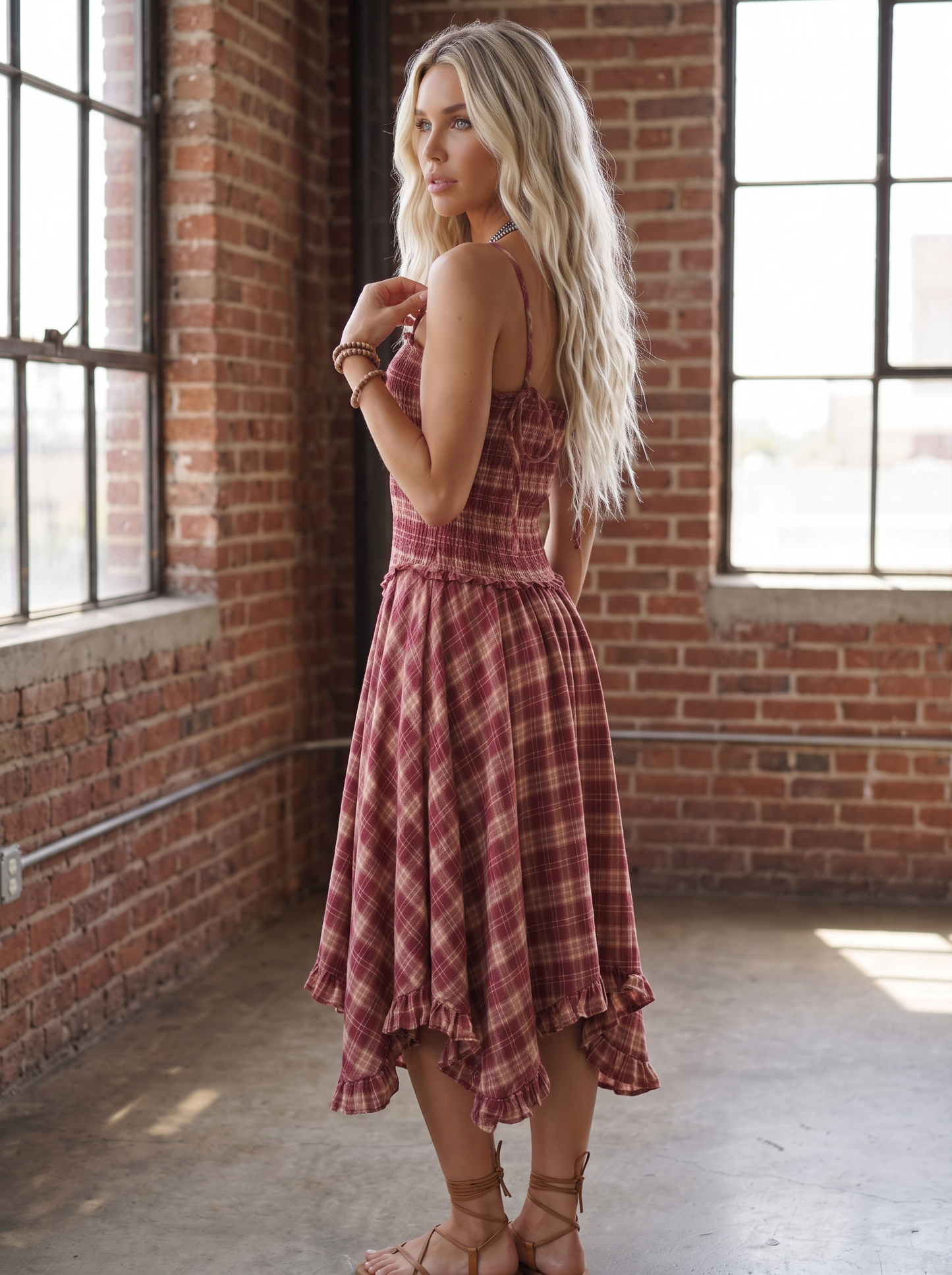 Plaid Smocked Midi Dress