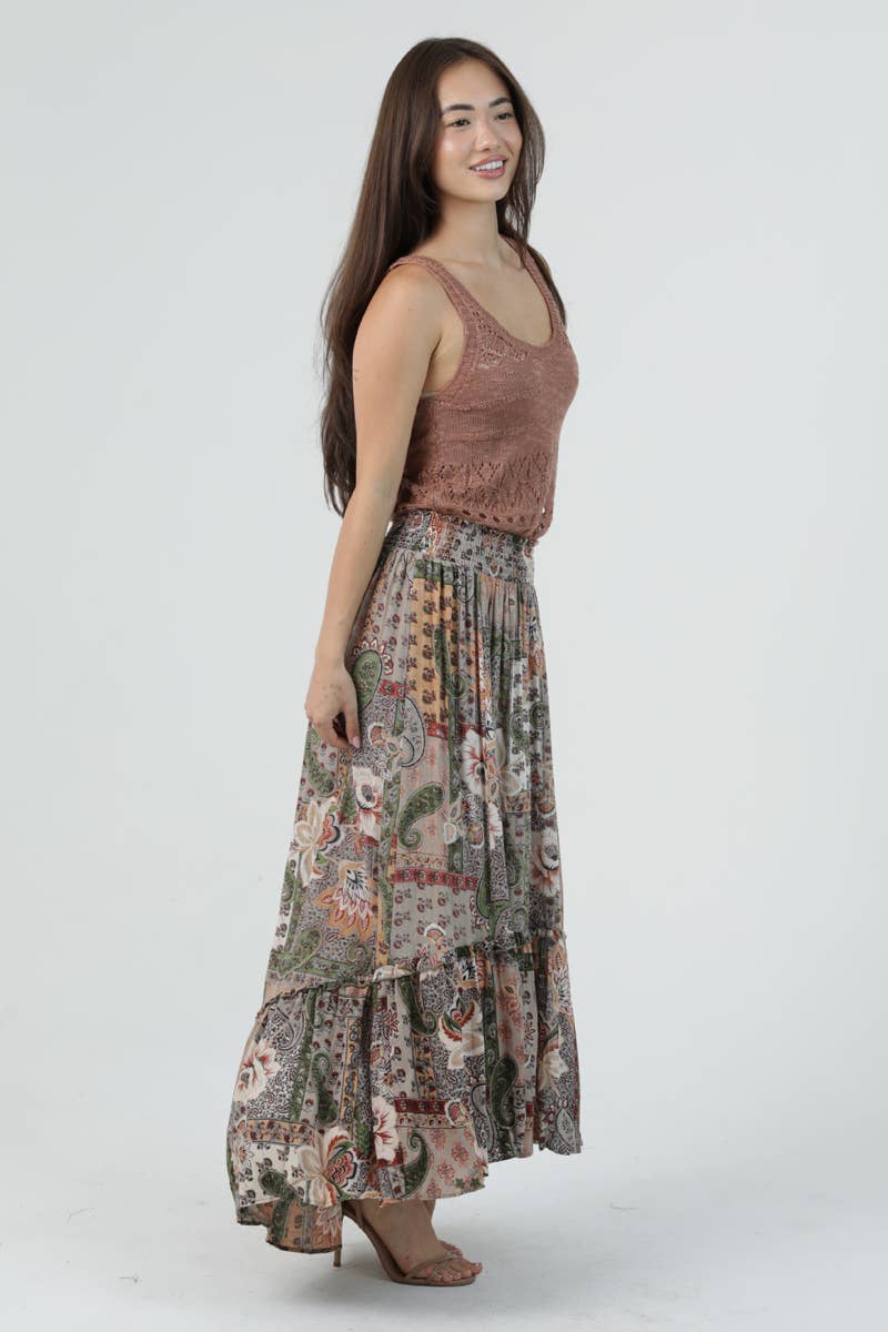 B6A21-W909 SMOCKED WAIST SKIRT WITH SLIT