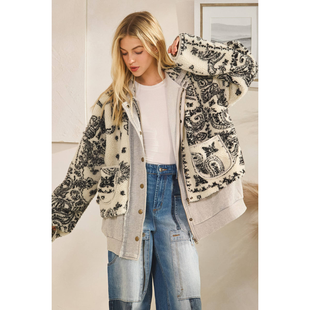 TERRY FLEECE MIX ZIP FRONT JACKET