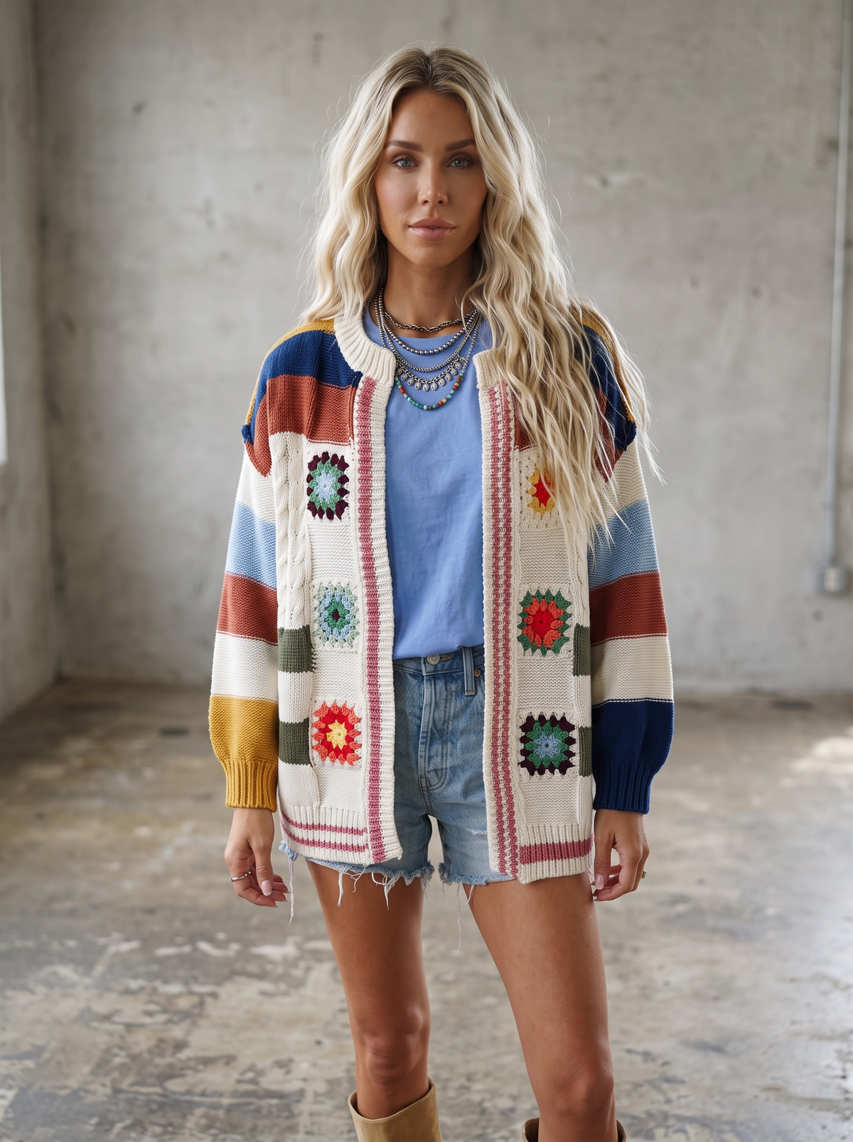 POL Handmade Patchwork Striped Chenille Cardigan