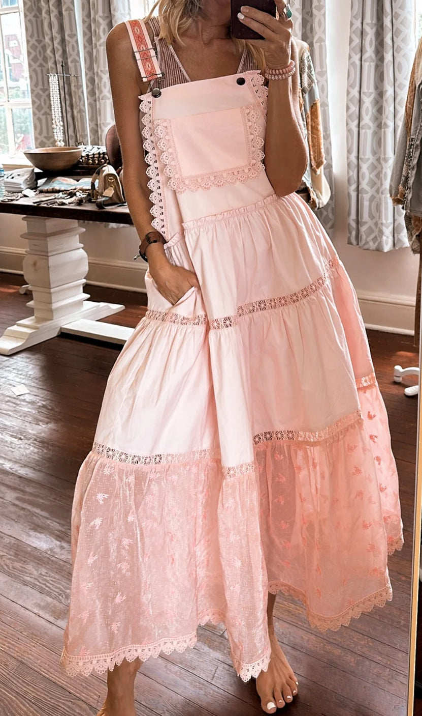 Laced and Tiered Romantic Overall Maxi Dress