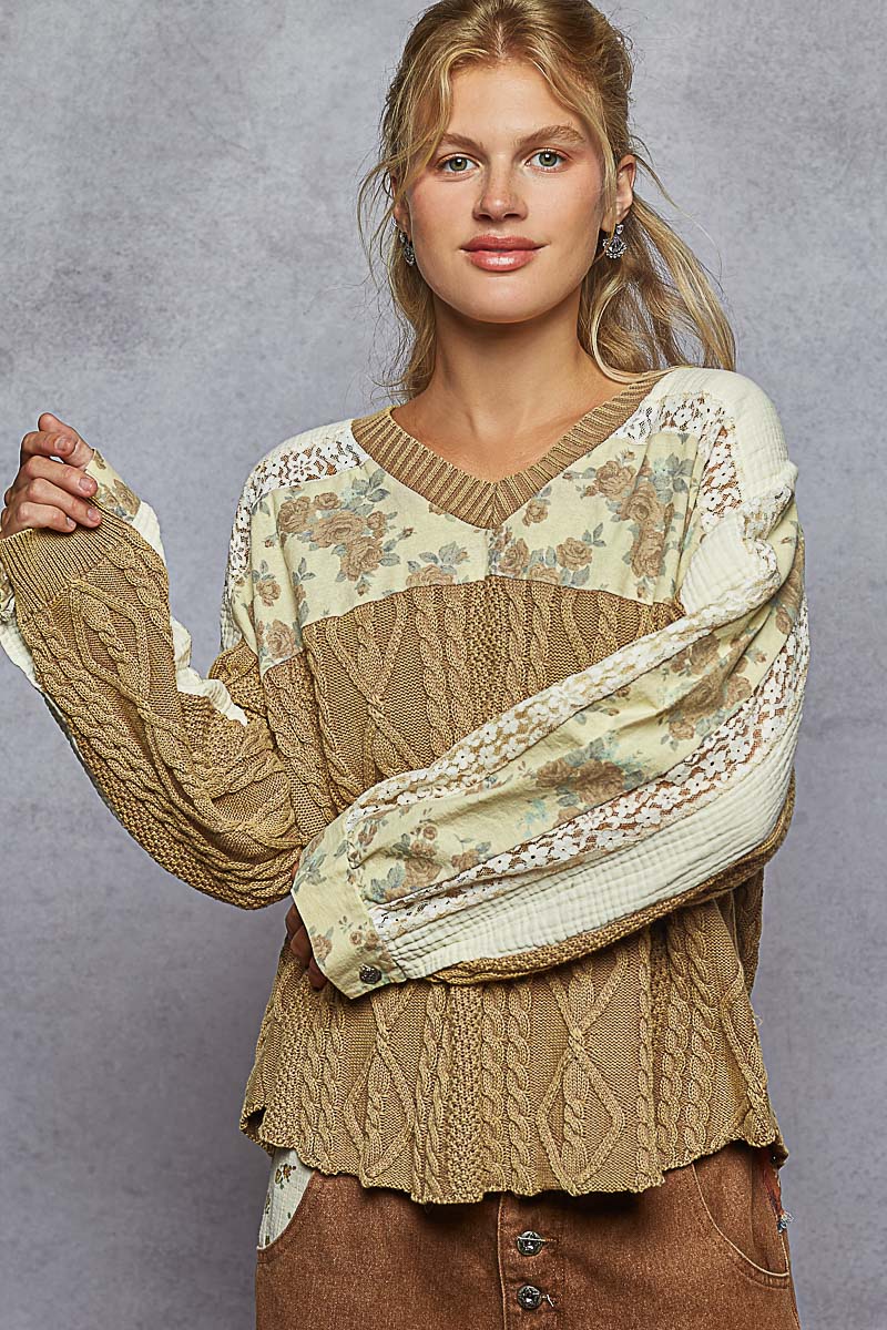 POL Floral Cable Knit Sweater