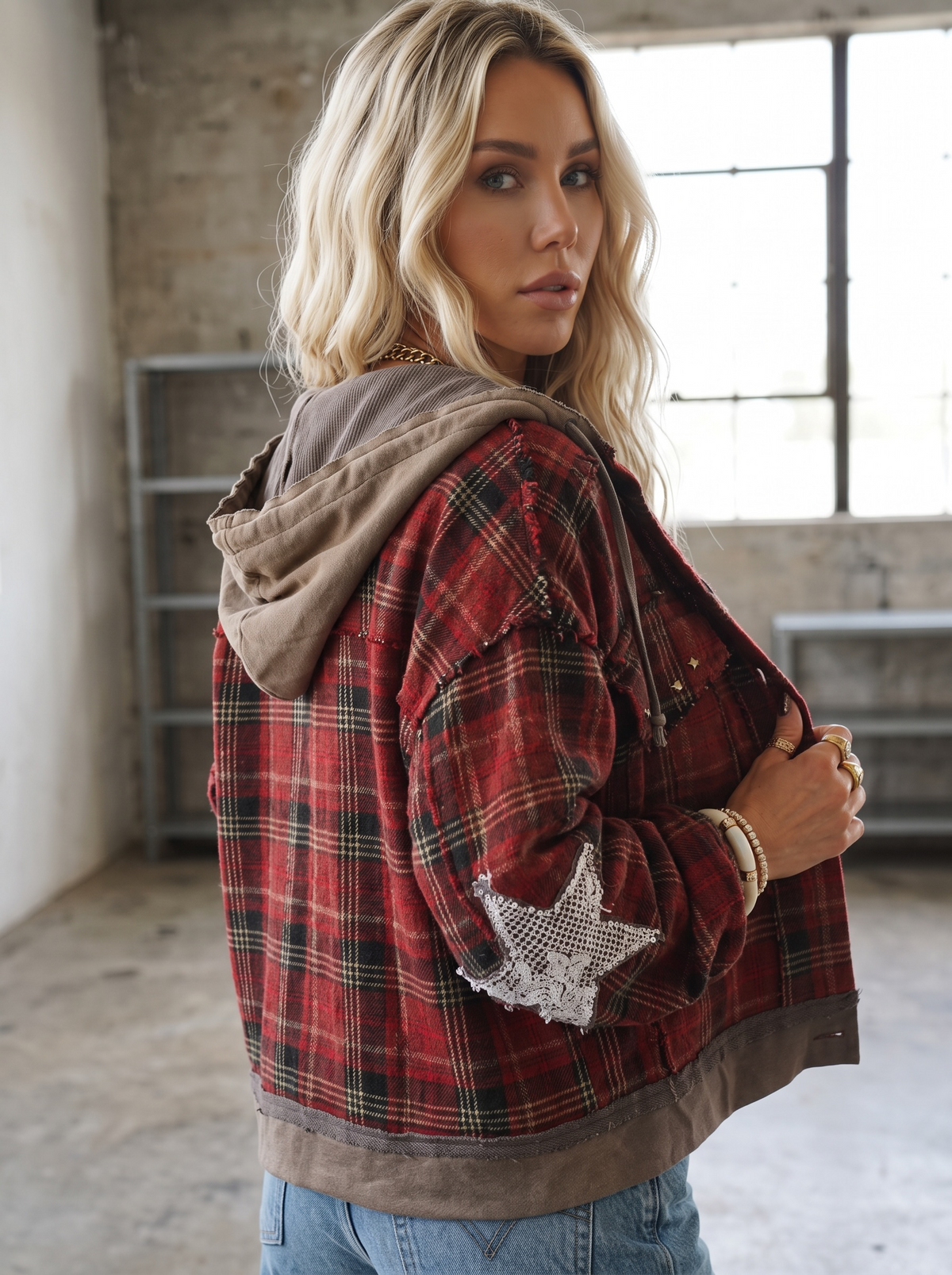 POL Plaid Star Patch Hooded Jacket