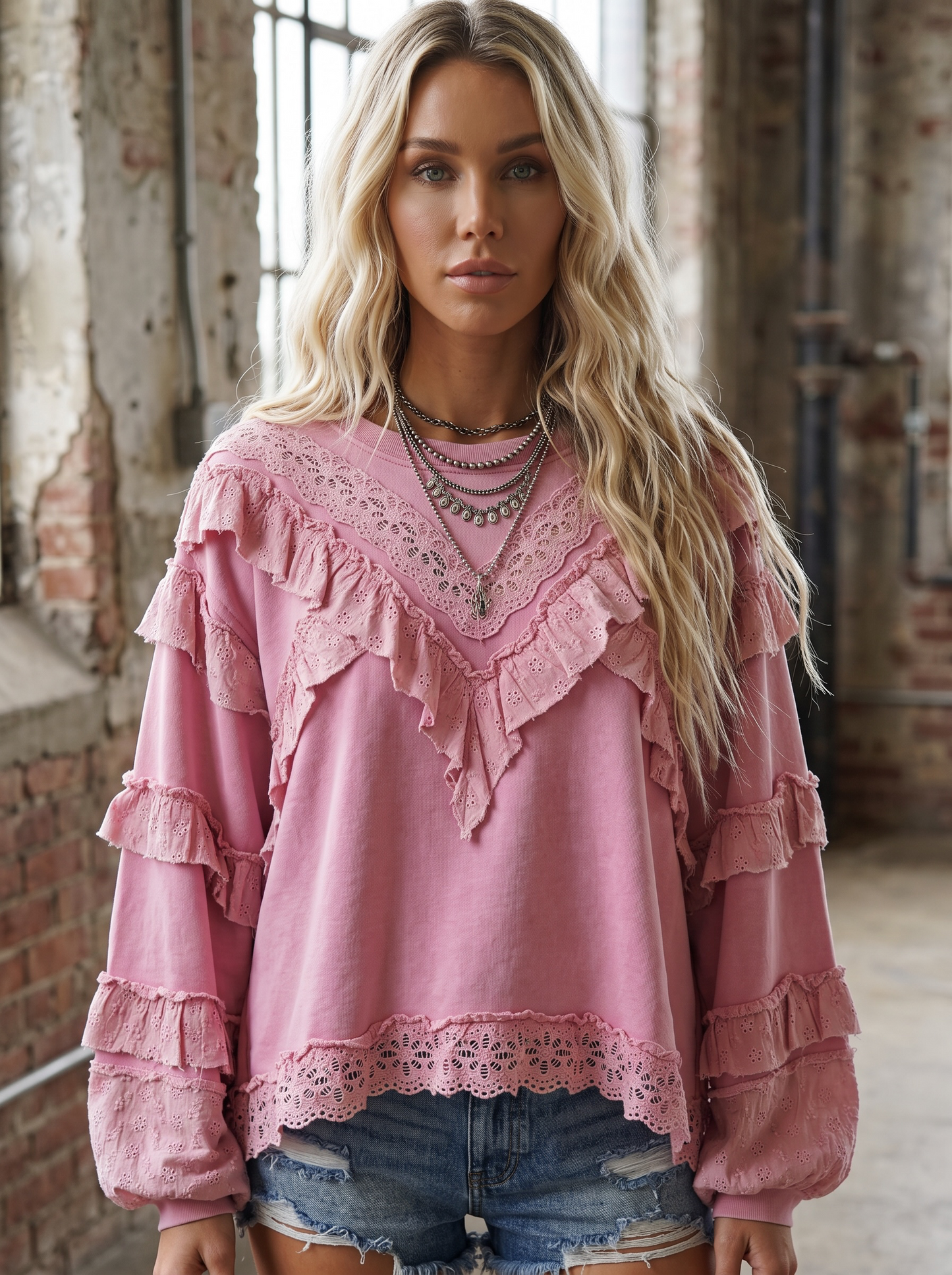 POL Eyelet Ruffle Sweatshirt