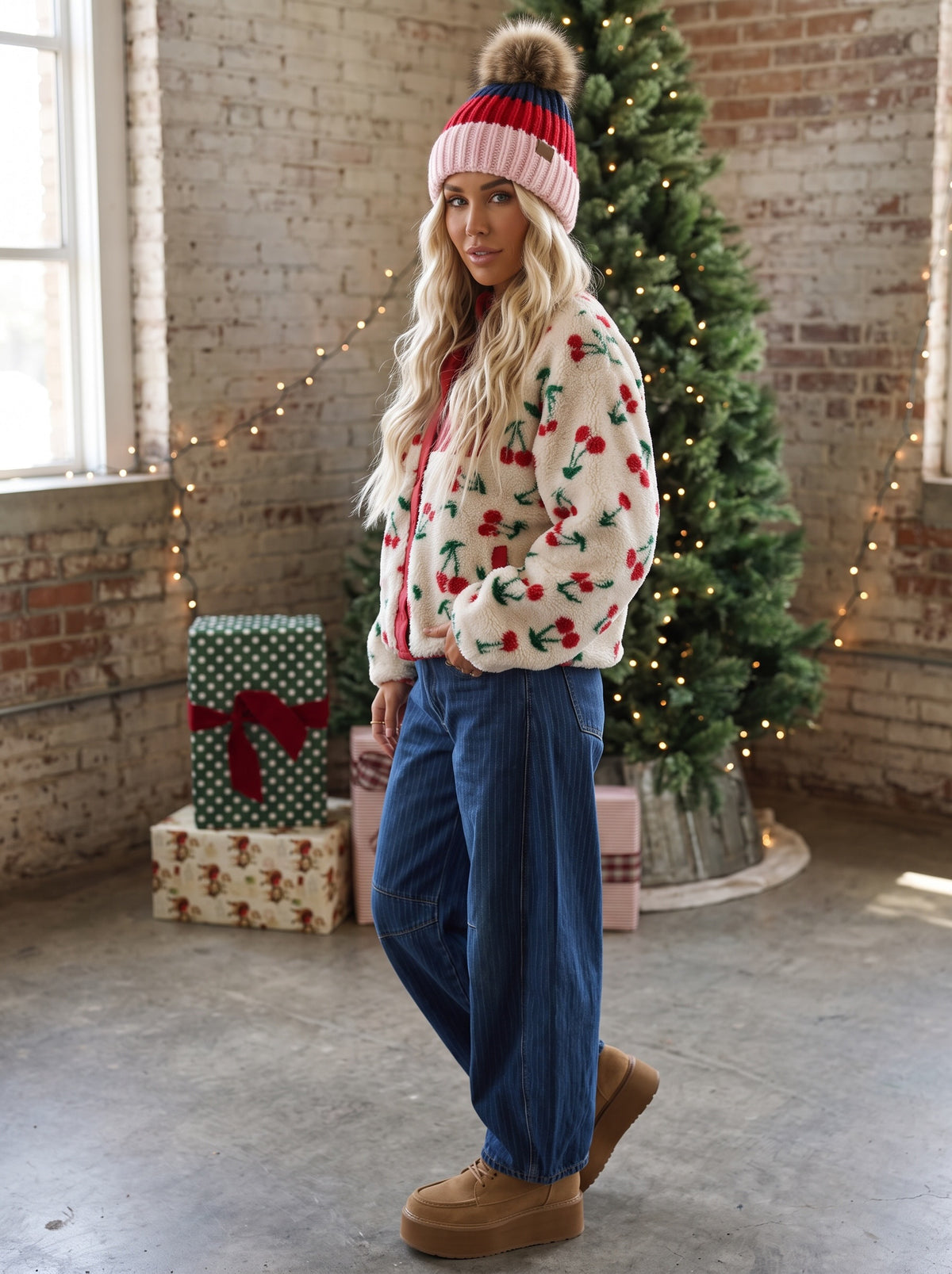 Color Block Pom Pom Beanie