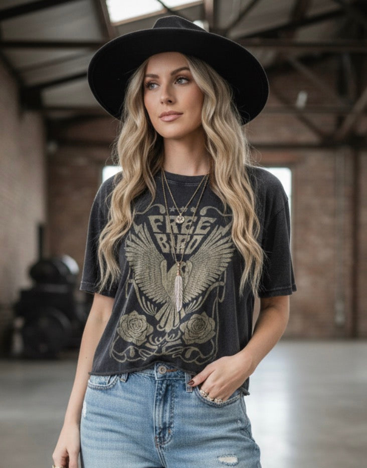 Free Bird Vintage Graphic Raw Hem Faux Crop Tee