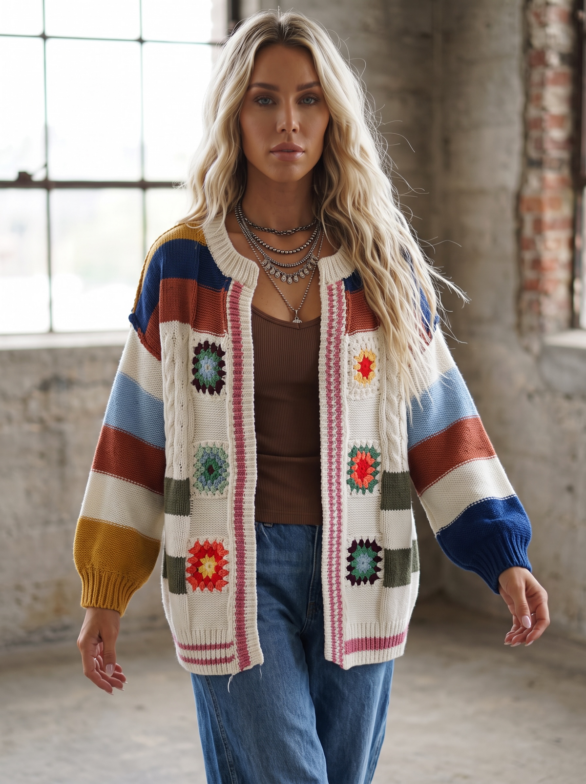 POL Handmade Patchwork Striped Chenille Cardigan