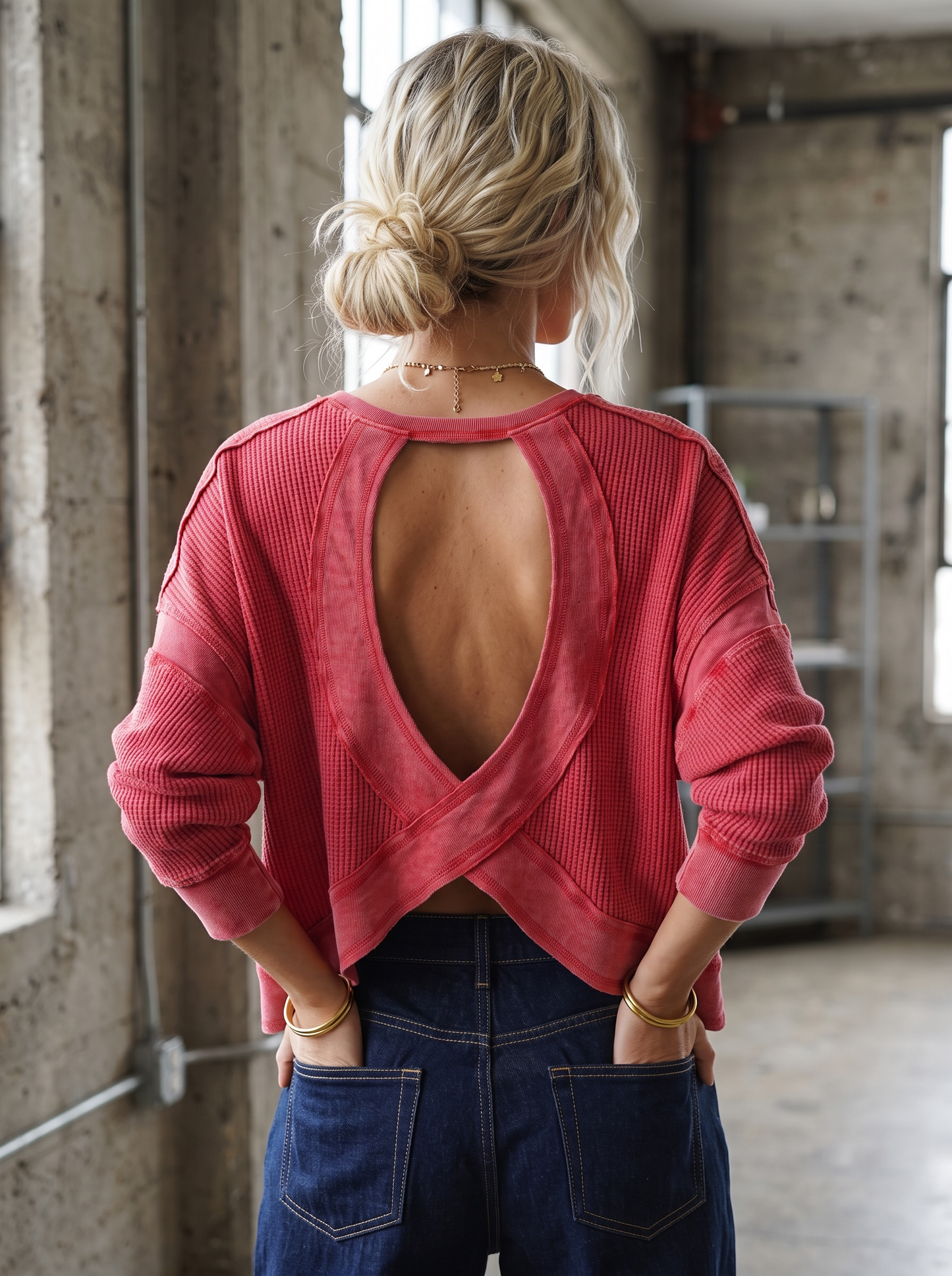 Open Back Waffle Knit Top