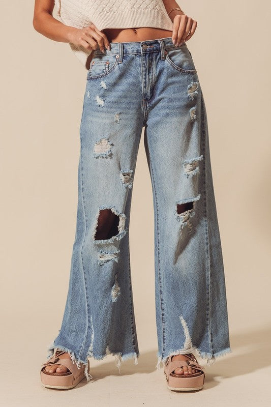 Mid Rise Distressed Wide Leg Jeans