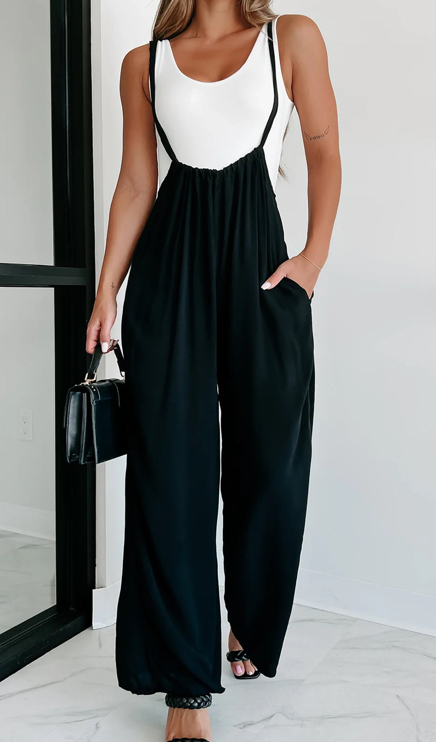 Woven Tie Back Suspender Jumpsuit