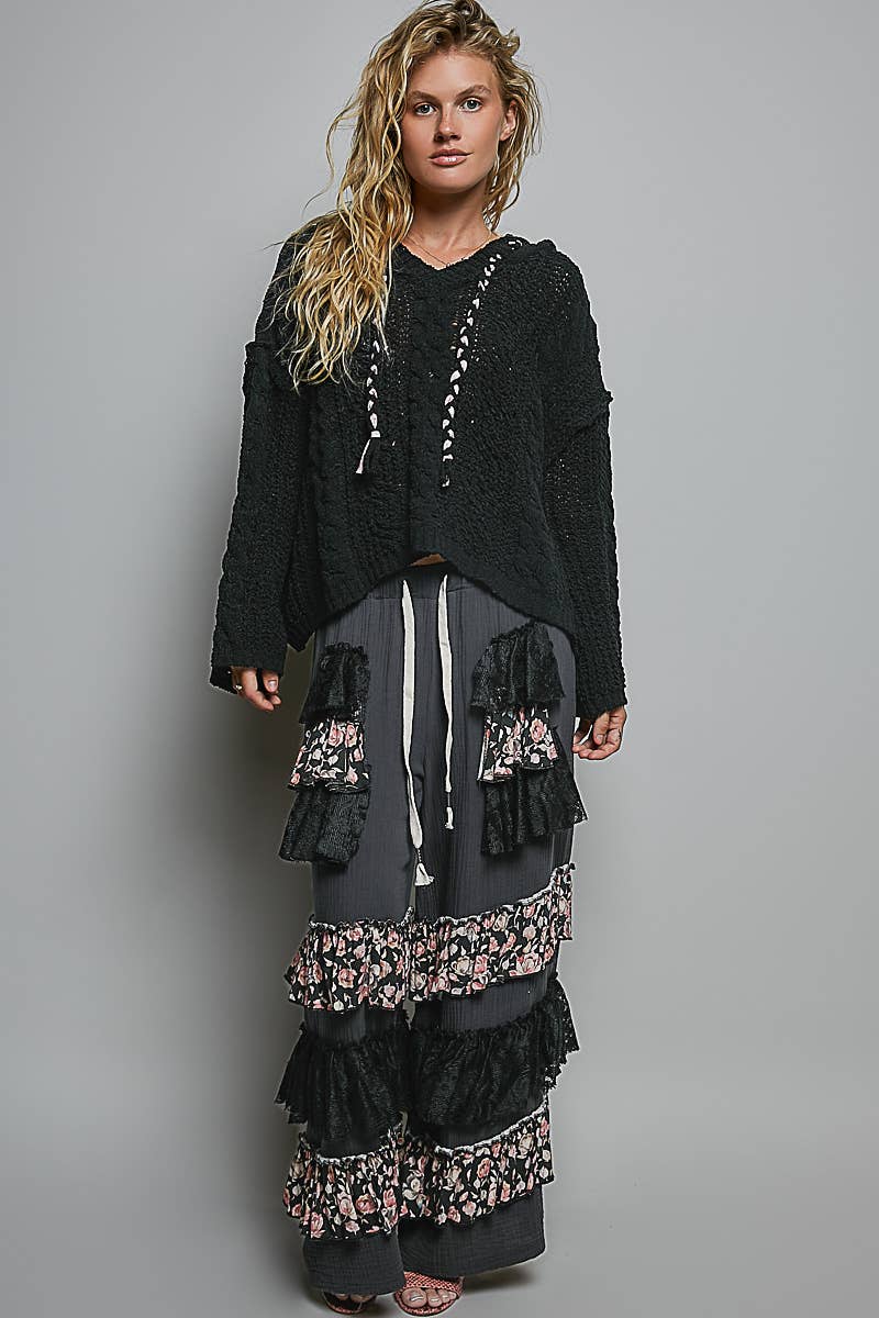 Oversize Fit V-neck Hooded Cable Knit Chenille Sweater SALE