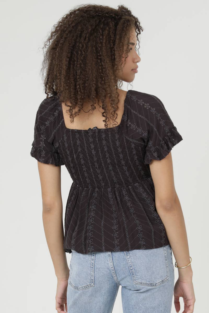 C2186-EM08 EYELET EMBROIDERED TWIST FRONT BLOUSE