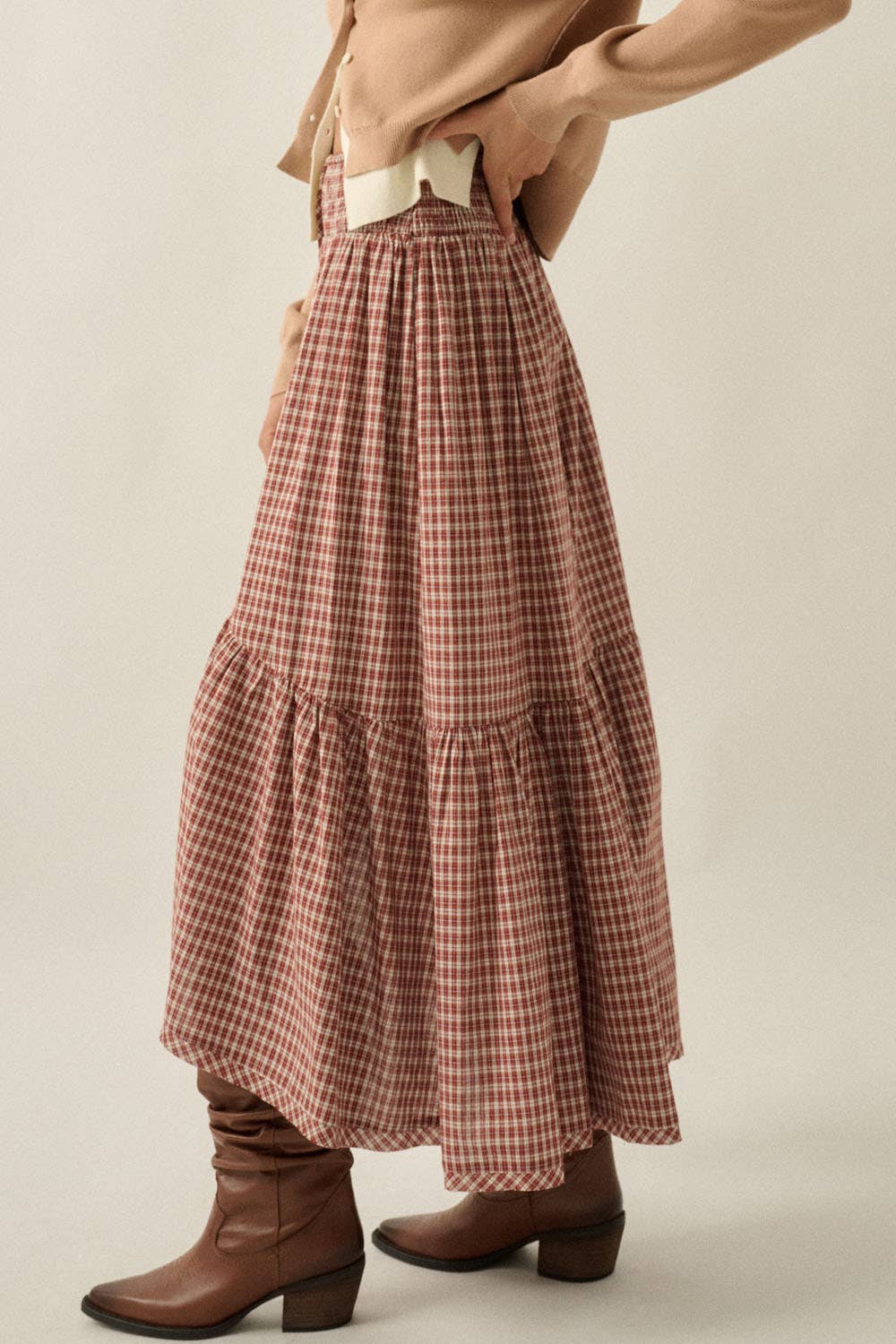 Plaid Asymmetrical High-Low Smocked Ruffle Maxi Skirt