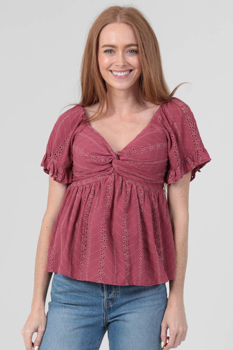 C2186-EM08 EYELET EMBROIDERED TWIST FRONT BLOUSE