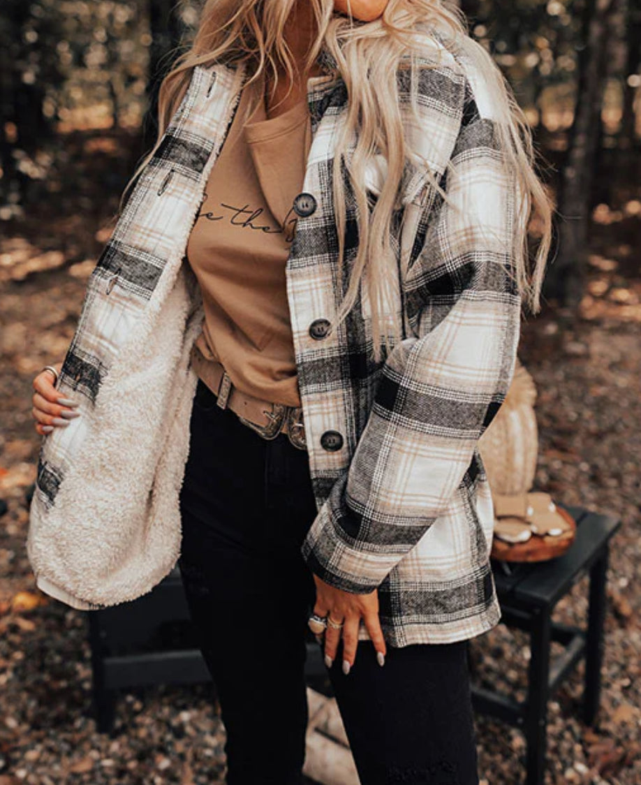 Plaid Button Up Jacket with Sherpa Lining