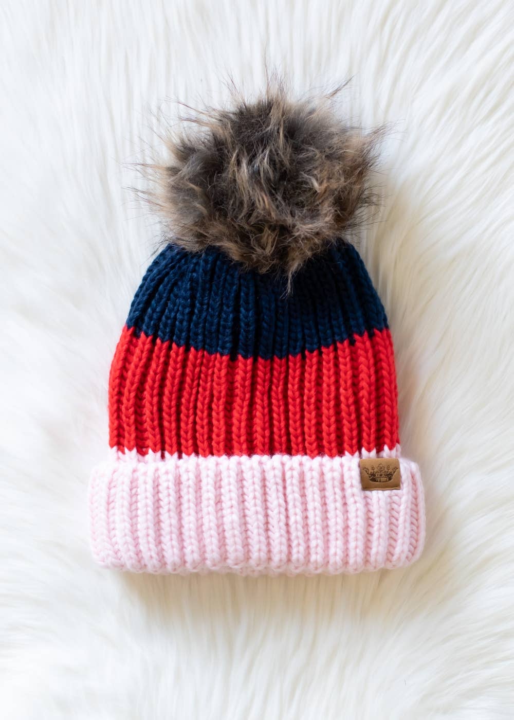 Navy, Red & Pink Color Block Pom Hat