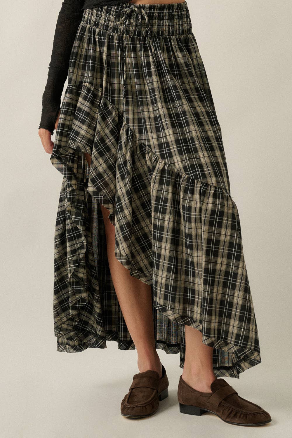 Plaid Asymmetrical High-Low Ruffle Maxi Skirt
