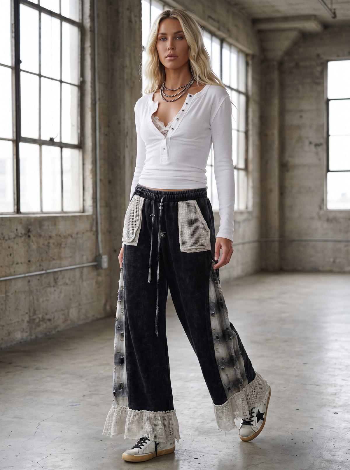 POL Waffle Knit Plaid Wide Leg Pants