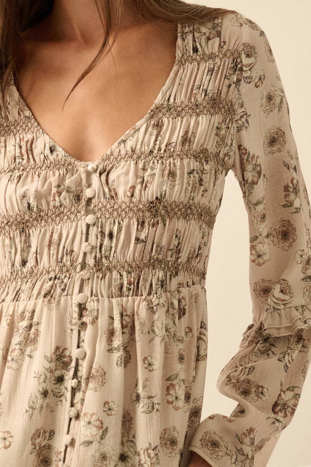 Floral Bubble-Sleeve Smocked Midi Dress