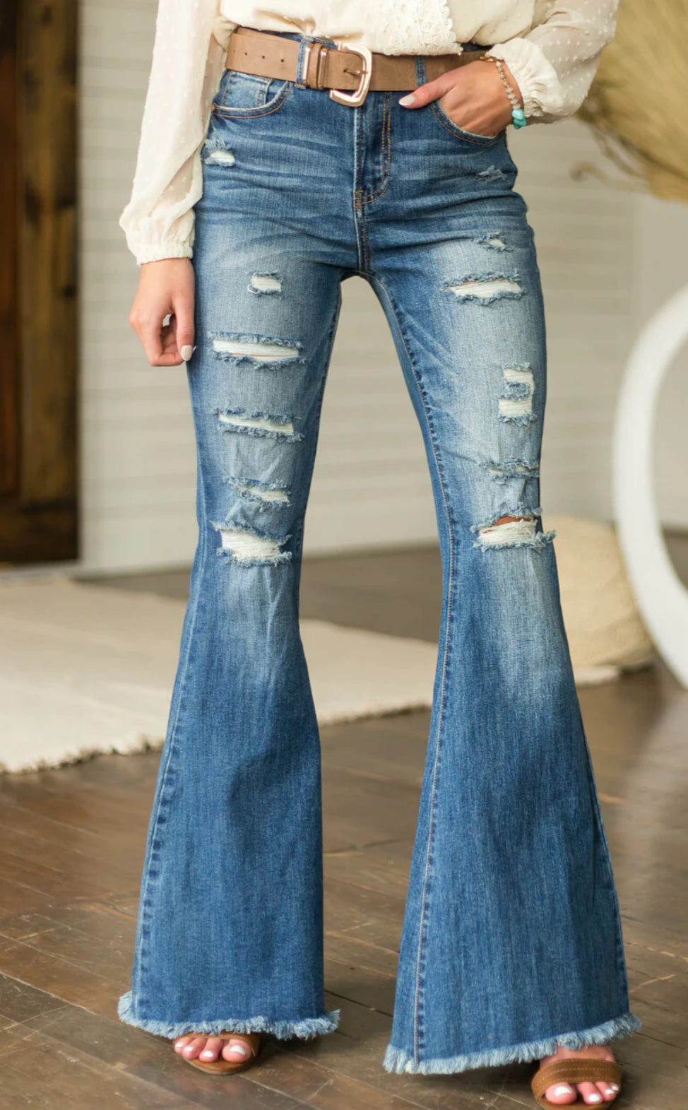 High Rise Boot Cut Distressed Jeans