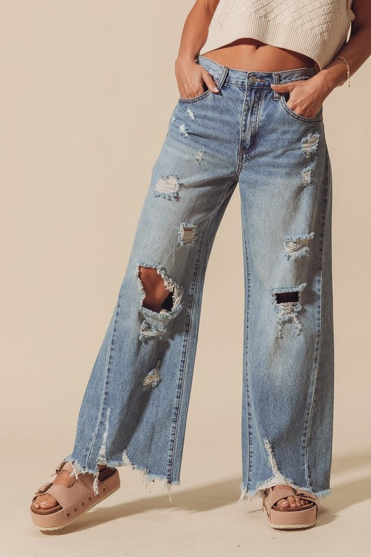 Mid Rise Distressed Wide Leg Jeans