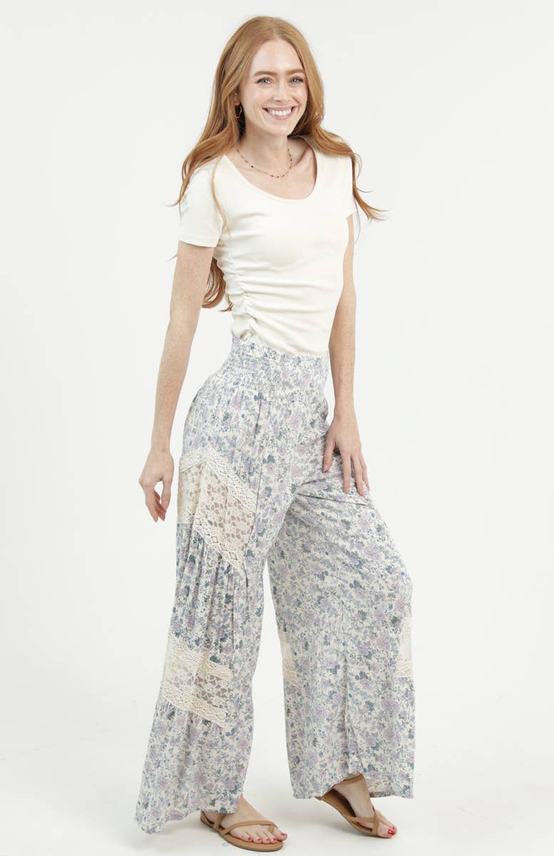 B3808-FR53 LACE INSETS WIDE LEG FLORAL PRINT PANTS