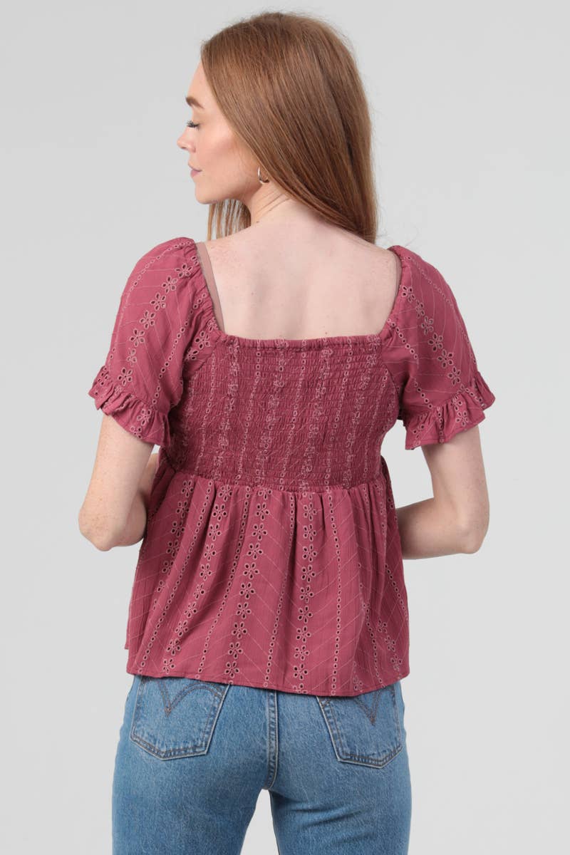 C2186-EM08 EYELET EMBROIDERED TWIST FRONT BLOUSE