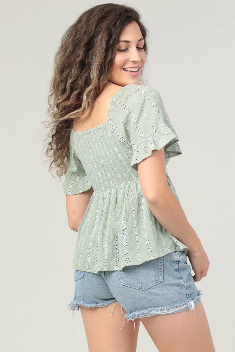 C2186-EM08 EYELET EMBROIDERED TWIST FRONT BLOUSE