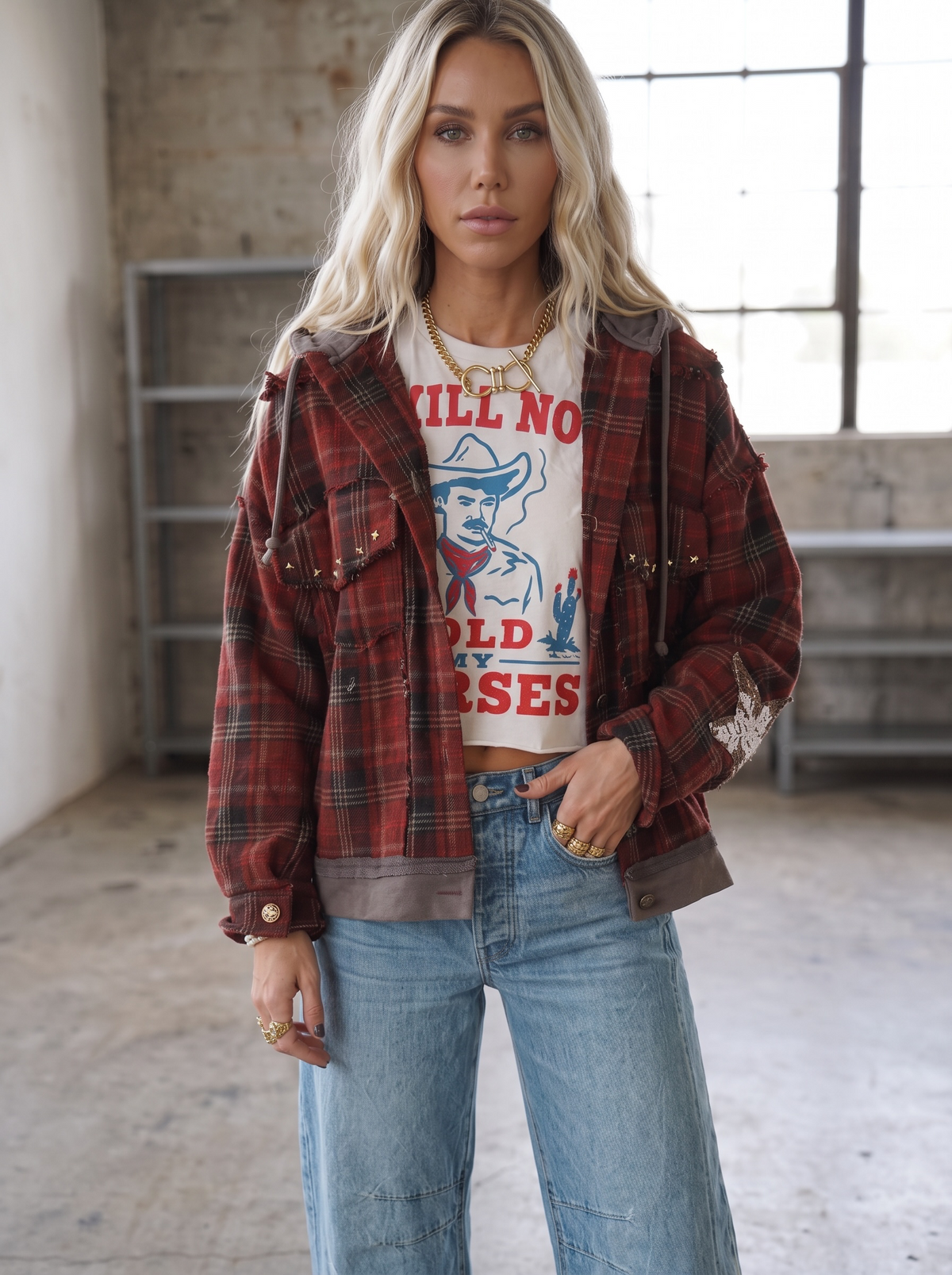 POL Plaid Star Patch Hooded Jacket