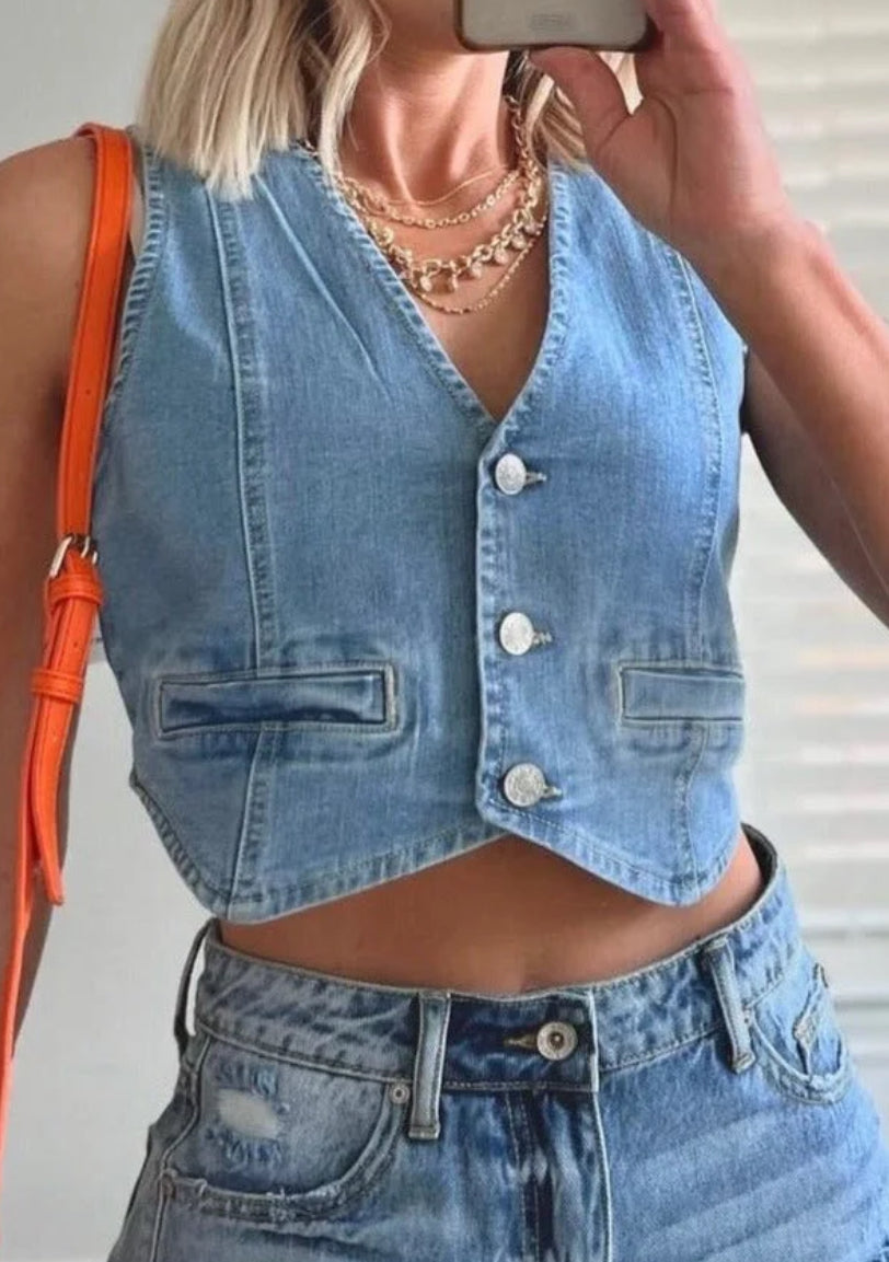 Denim Buttoned Vest Top