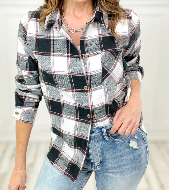 Cotton Plaid Top With Front Pocket