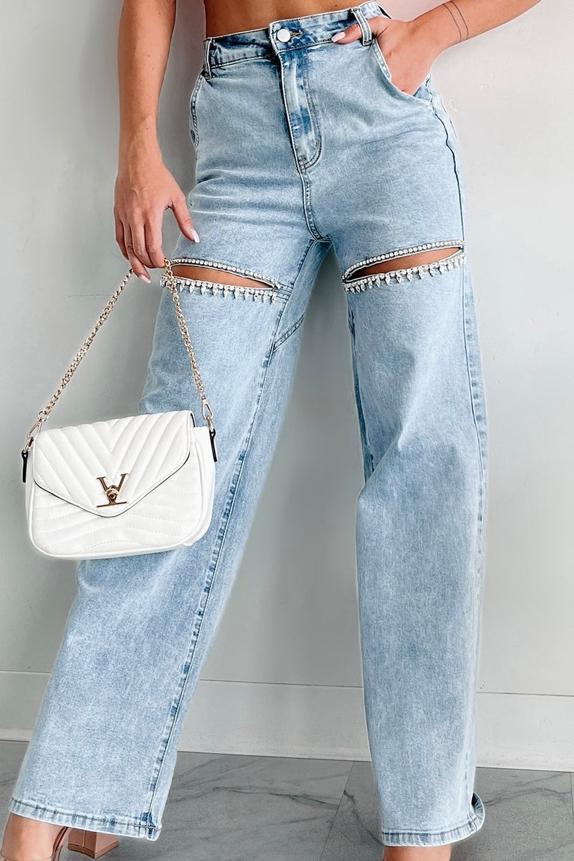 Washed Denim Cut Front Rhinestone Jeans