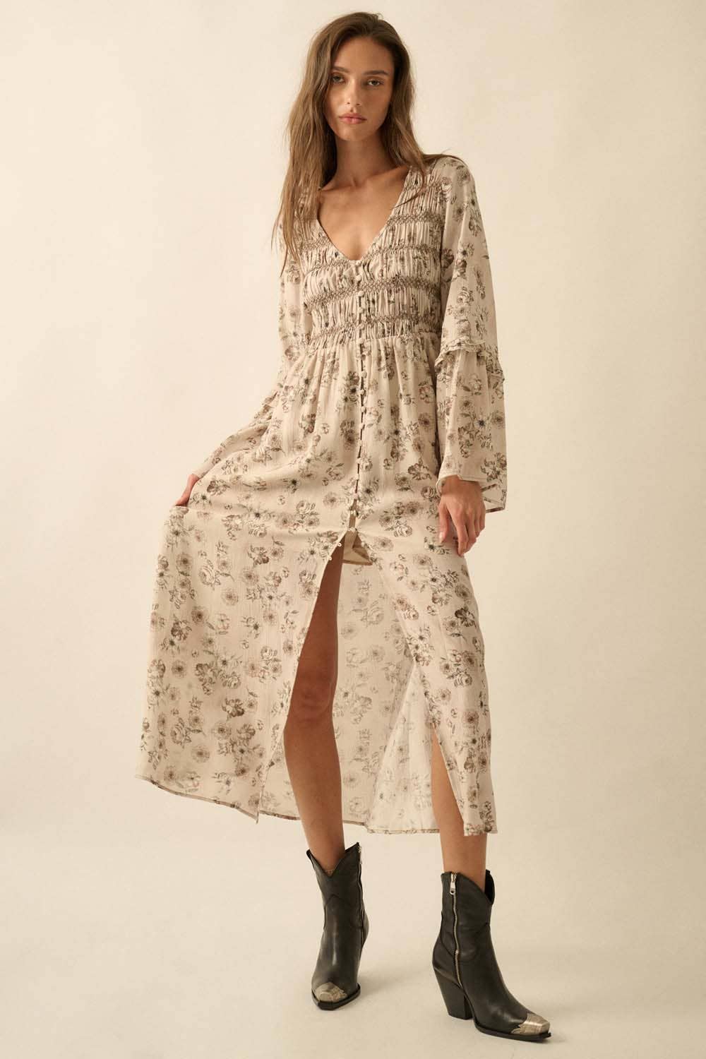 Floral Bubble-Sleeve Smocked Midi Dress