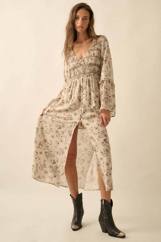 Floral Bubble-Sleeve Smocked Midi Dress