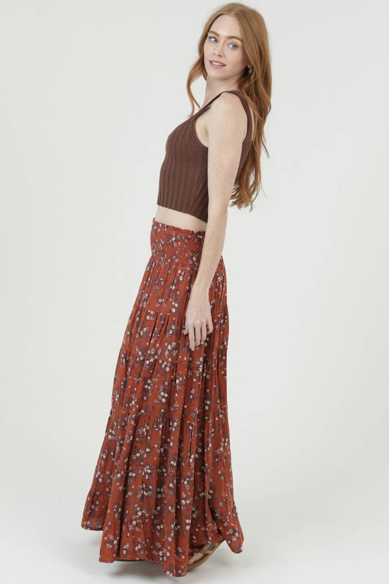 26P57-WA40 DITSY PRINT SMOCKED WAIST TIERED MAXI SKIRT