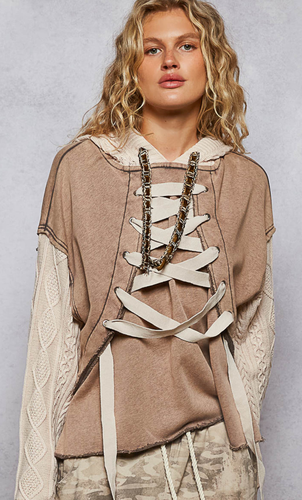 POL Lace Up Cable Knit Hoodie