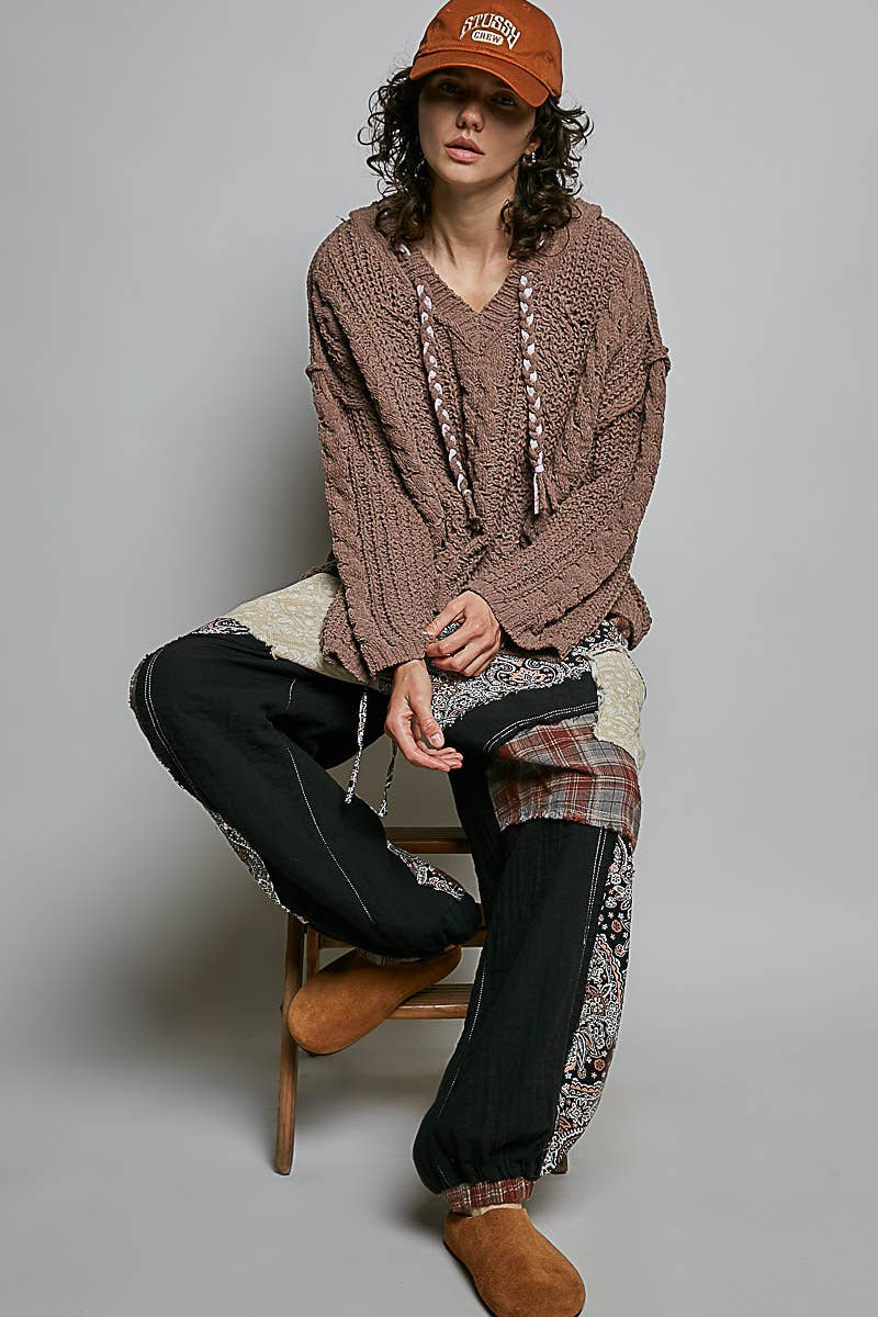 Oversize Fit V-neck Hooded Cable Knit Chenille Sweater SALE