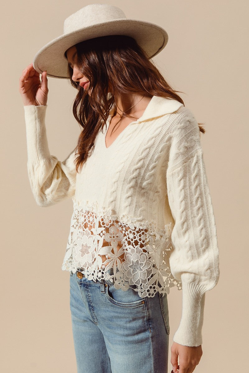 So Me Cable Knit Lace Trim Sweater