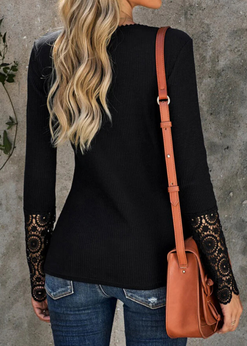 Henley neck tee with lace trim