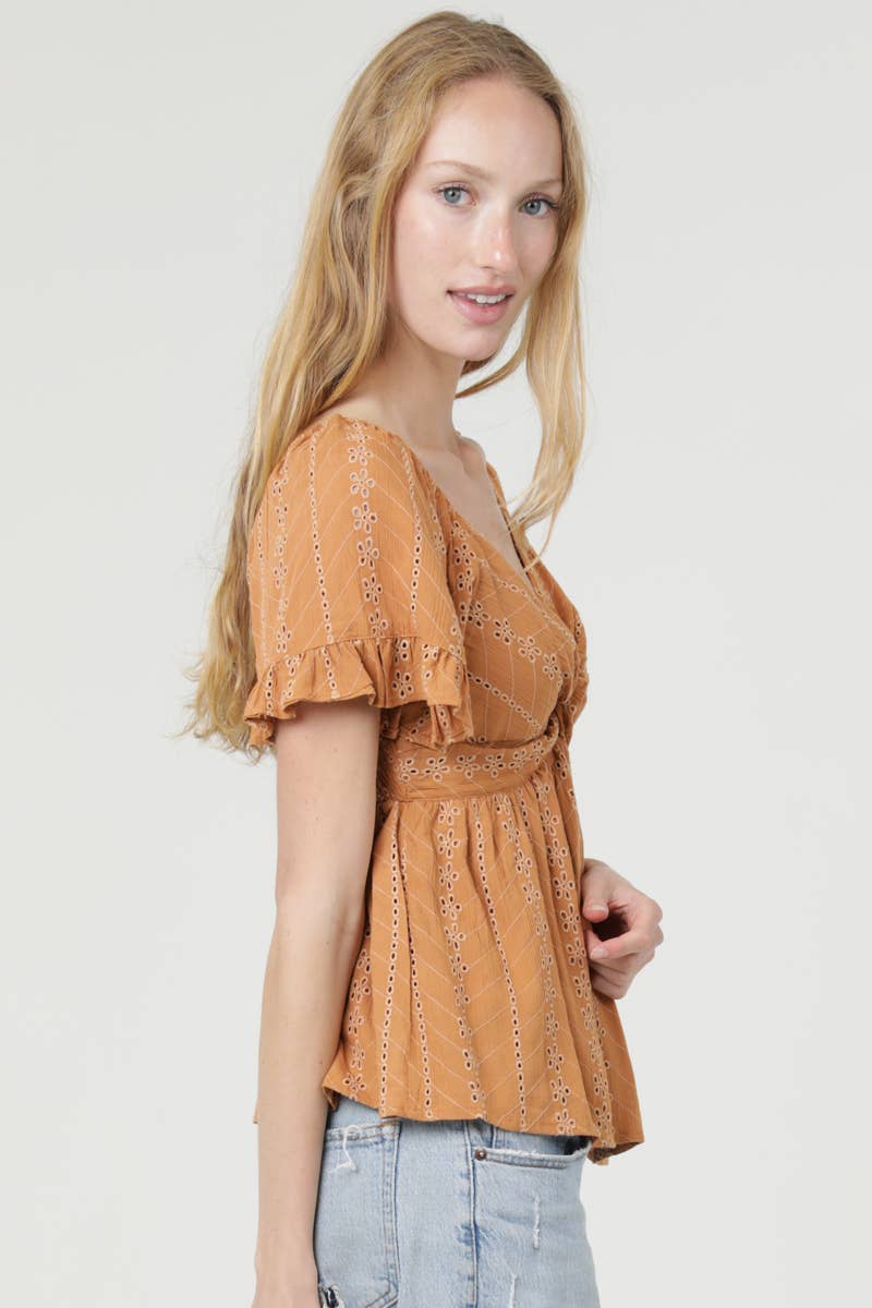 C2186-EM08 EYELET EMBROIDERED TWIST FRONT BLOUSE
