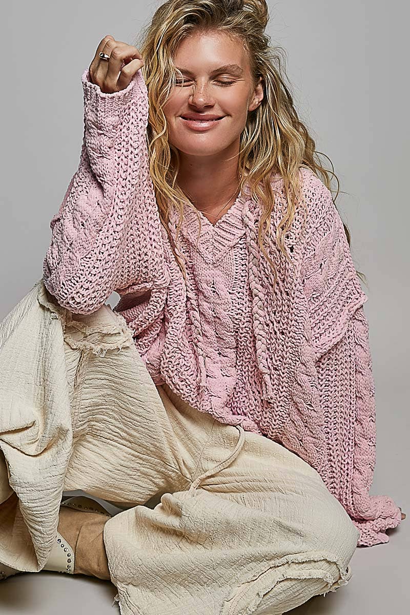 Oversize Fit V-neck Hooded Cable Knit Chenille Sweater SALE